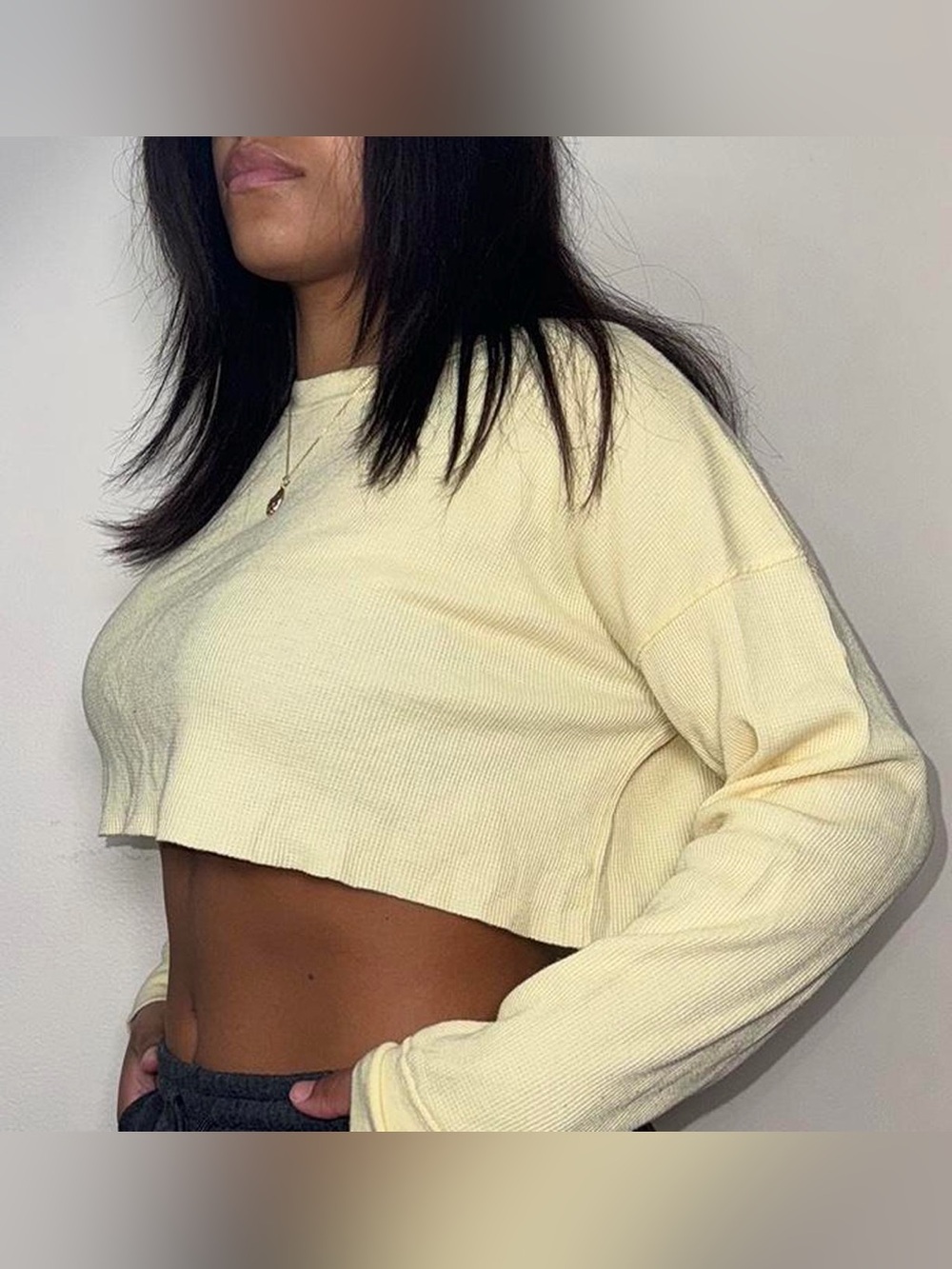 Forever 21 Pale Yellow Ribbed Long-Sleeve Cropped Top